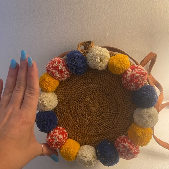 Anthropologie Cleobella Williamsburg Crossbody Bag Purse Wicker Pom Fringe H36 - Picture 6 of 6